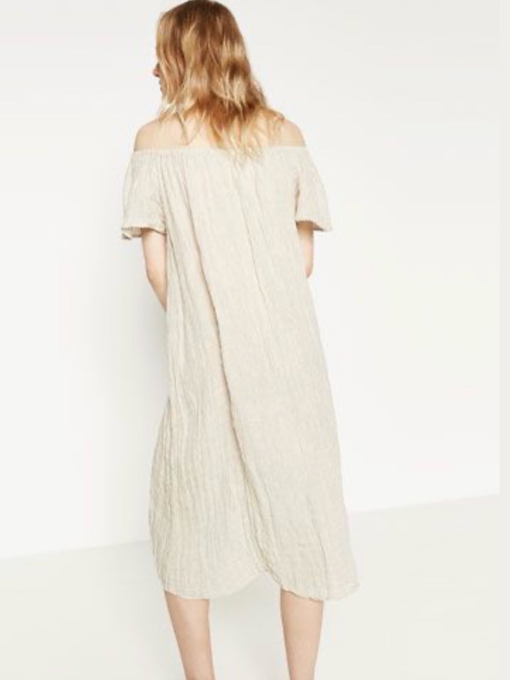 Zara Off‑Shoulder Gathered Linen Midi Dress – Beige, Size Small - Picture 3 of 7